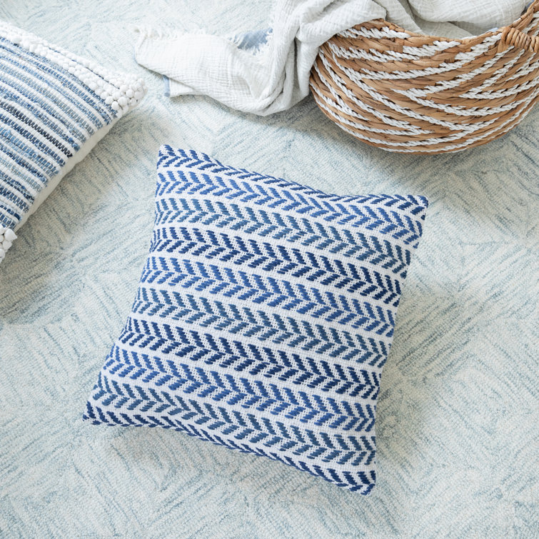 Navy Blue and White Hand-Woven Chevron Cotton Throw Pillow