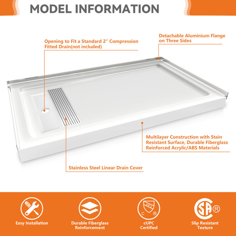 White Acrylic 60'' x 36'' Rectangle Shower Base