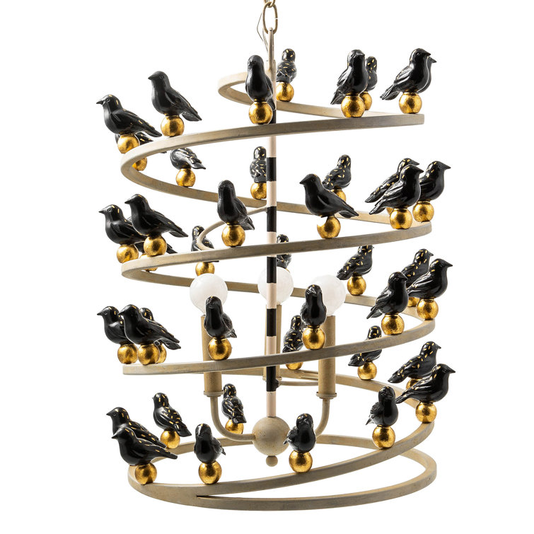 Handmade Matte Black and Gold Bird Iron Chandelier