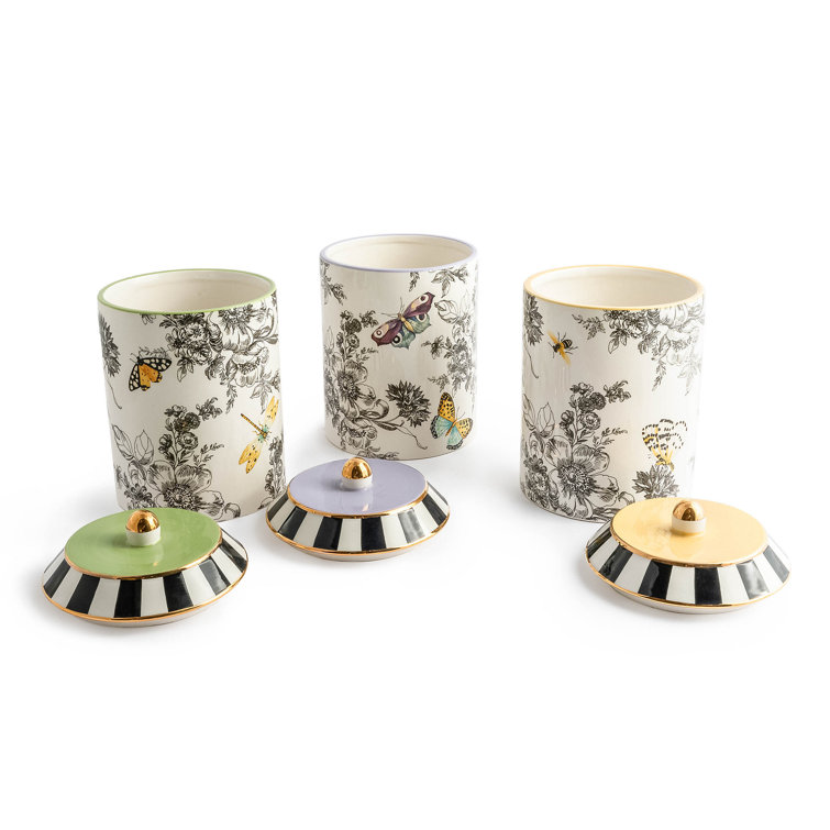 Handmade Butterfly Toile Ceramic Canisters with Gold Accents, Set of 3