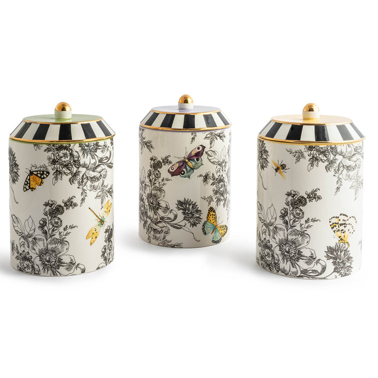 Handmade Butterfly Toile Ceramic Canisters with Gold Accents, Set of 3