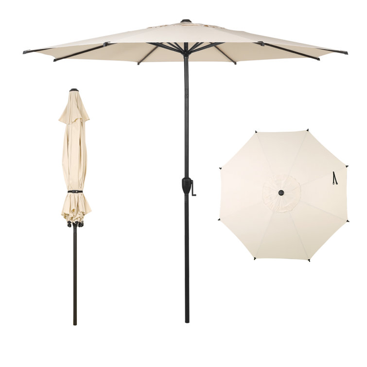 Beige Hexagonal Steel Pole Patio Umbrella with Crank Lift