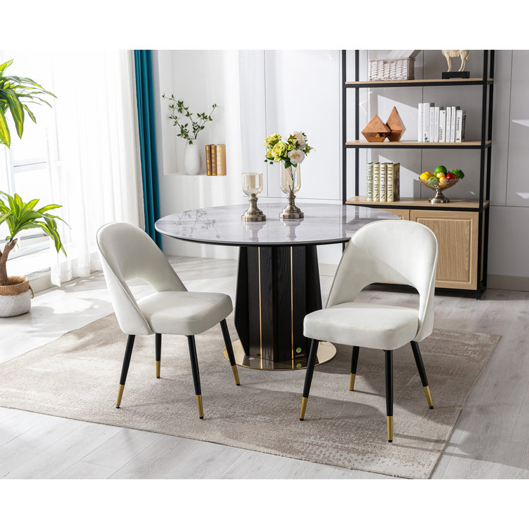 Beige Velvet Upholstered Side Chair with Metal Legs, Set of 2