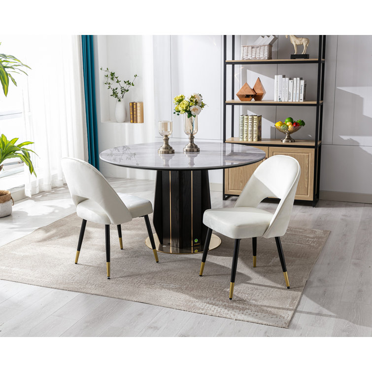 Beige Velvet Upholstered Side Chair with Metal Legs, Set of 2