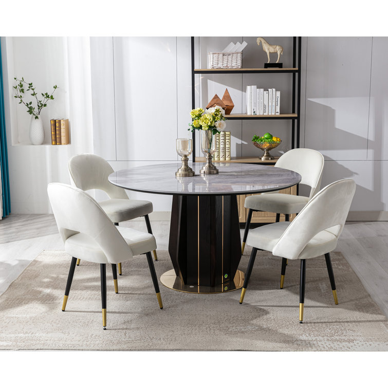 Beige Velvet Upholstered Side Chair with Metal Legs, Set of 2