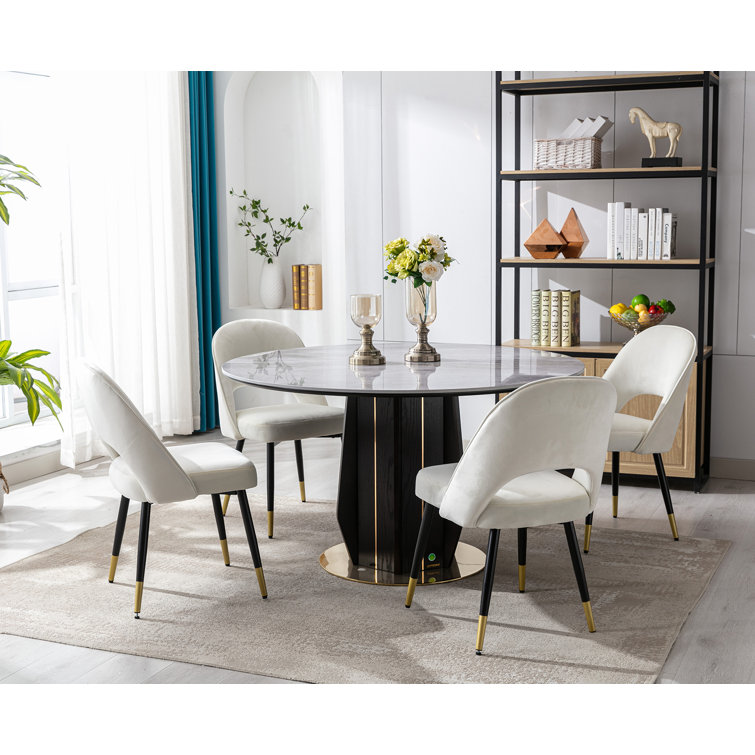 Beige Velvet Upholstered Side Chair with Metal Legs, Set of 2