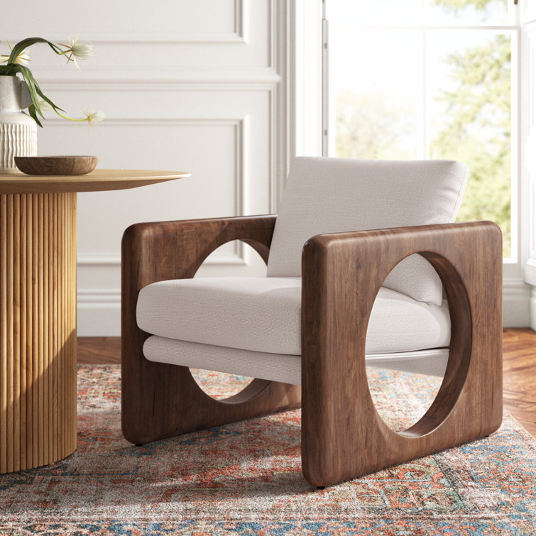 Cream Upholstered Armchair with Walnut Frame