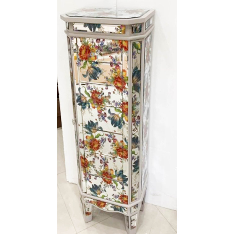 Floral Patterned Standing Jewelry Armoire with Mirror
