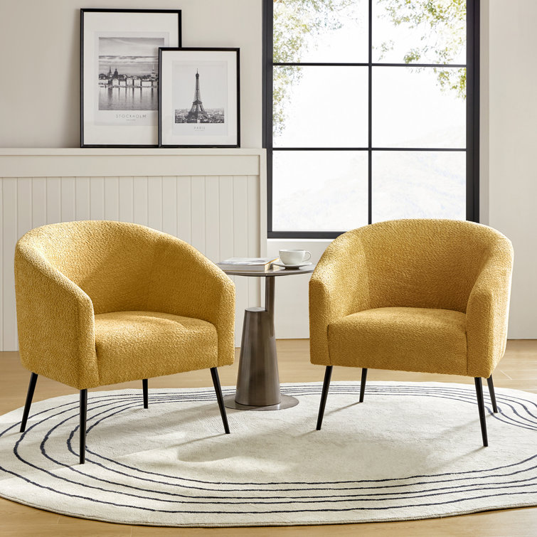 Yellow Chenille Barrel Arm Chair with Metal Legs