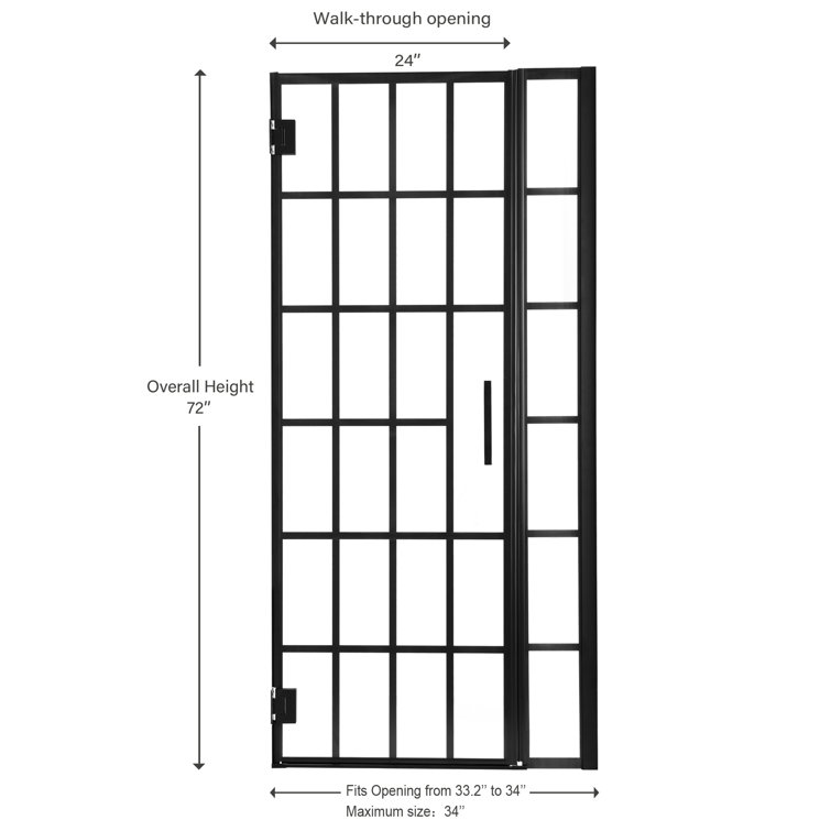 34" Matte Black Semi-Frameless Pivot Shower Door with Patterned Glass