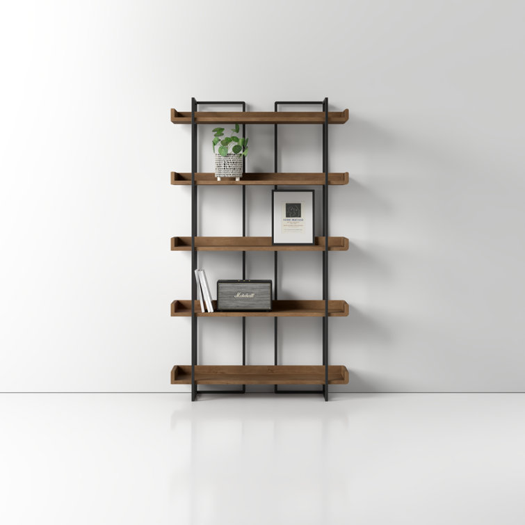 Light Brown Wood and Iron 5-Tier Industrial Bookcase