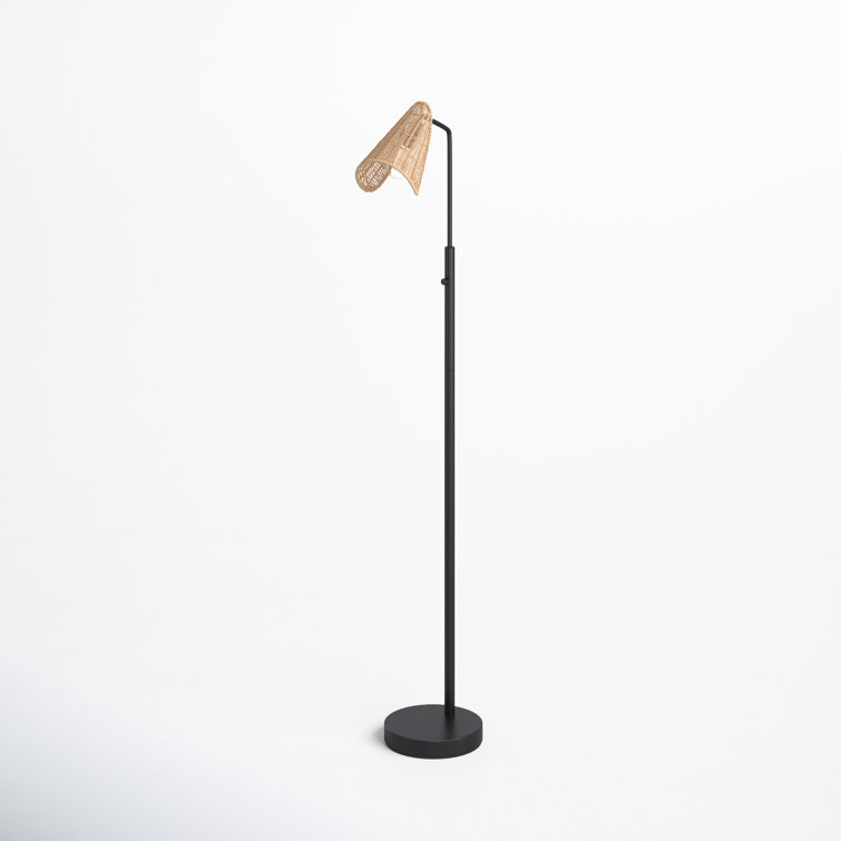 Adjustable Black Metal Floor Lamp with Natural Rattan Shade