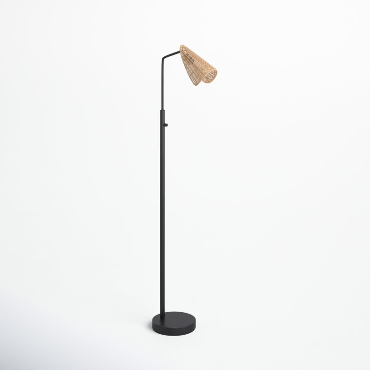 Adjustable Black Metal Floor Lamp with Natural Rattan Shade