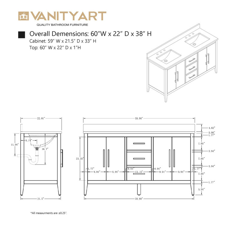 Cashmere Gray 60" Double Sink Bathroom Vanity with Marble Top