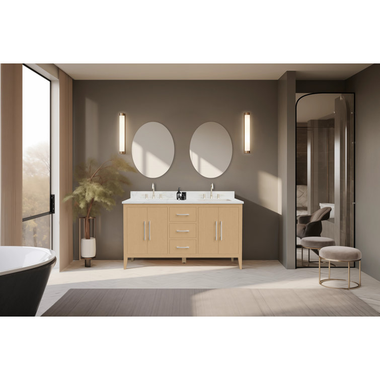 60" Natural Oak Double Sink Freestanding Bathroom Vanity with Engineered Marble Top