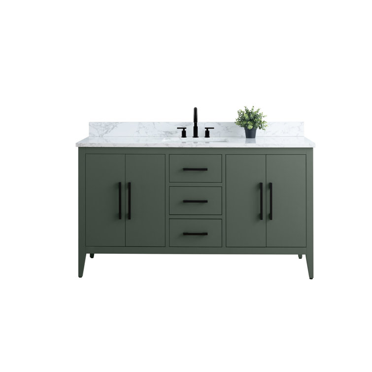 60'' Vintage Green MDF Single Sink Bathroom Vanity with White Marble Top