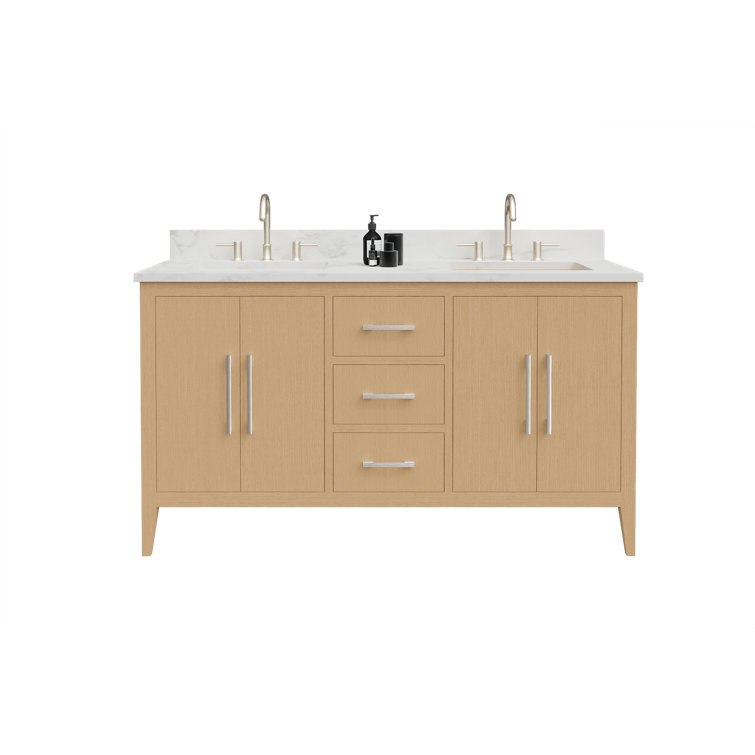 60" Natural Oak Double Sink Freestanding Bathroom Vanity with Engineered Marble Top