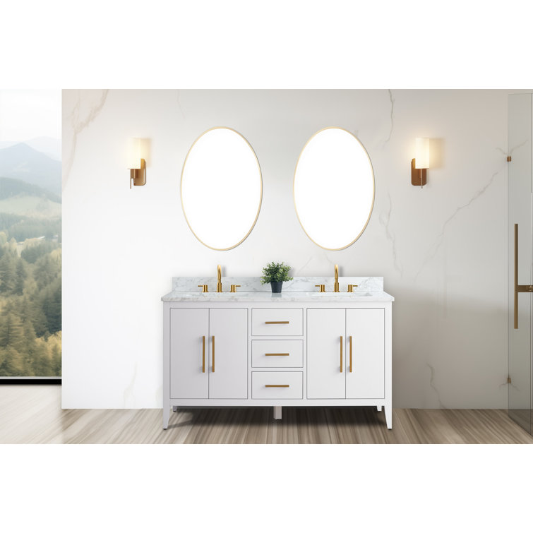 60" White Double Sink Bathroom Vanity with Gold Hardware