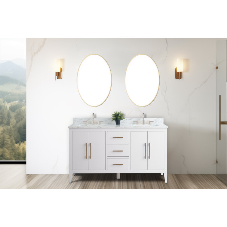 60" White Double Sink Bathroom Vanity with Marble Top