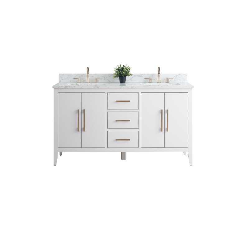 60" White Double Sink Bathroom Vanity with Marble Top