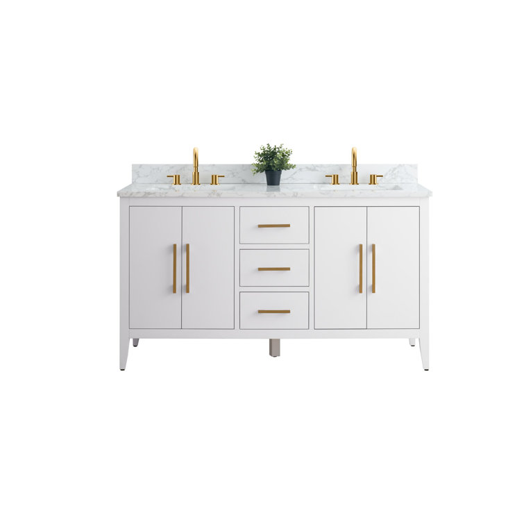 60" White Double Sink Bathroom Vanity with Gold Hardware