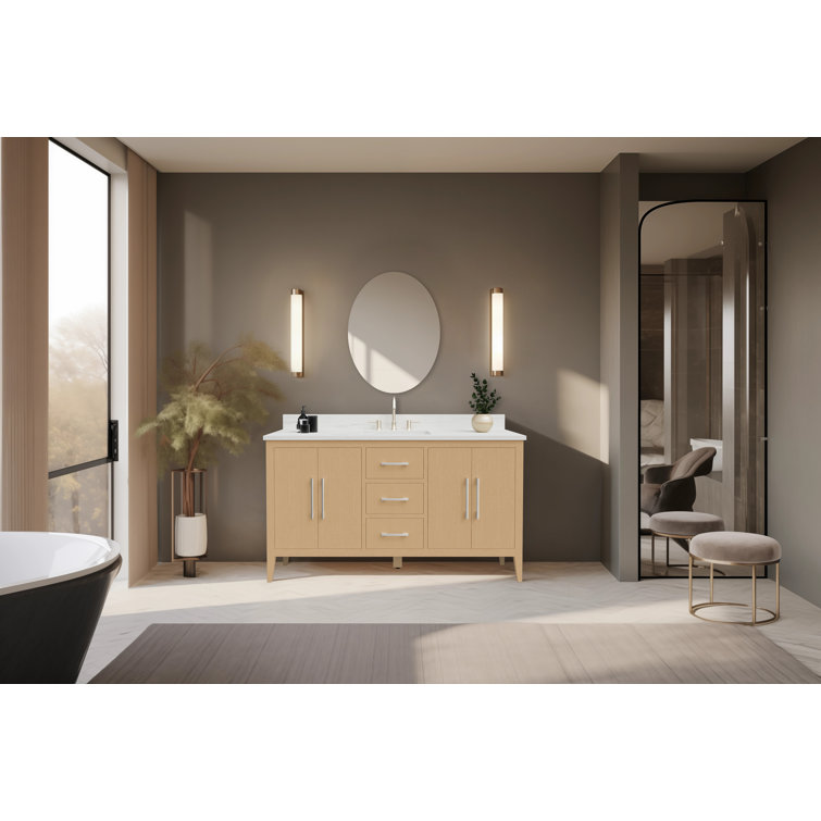 Natural Oak 60'' Single Bathroom Vanity with Engineered Marble Top