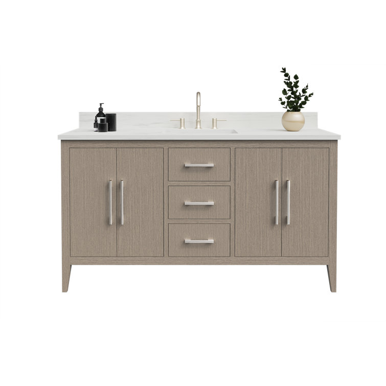 60'' Driftwood Gray MDF Single Sink Freestanding Bathroom Vanity with Engineered Marble Top
