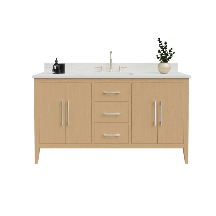 Natural Oak 60'' Single Bathroom Vanity with Engineered Marble Top