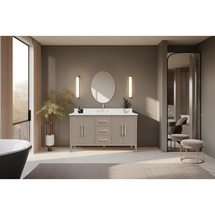 60'' Driftwood Gray MDF Single Sink Freestanding Bathroom Vanity with Engineered Marble Top
