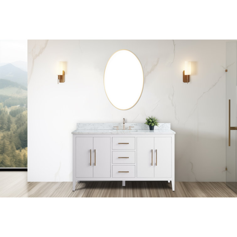 60'' White MDF Freestanding Bathroom Vanity with Engineered Marble Top