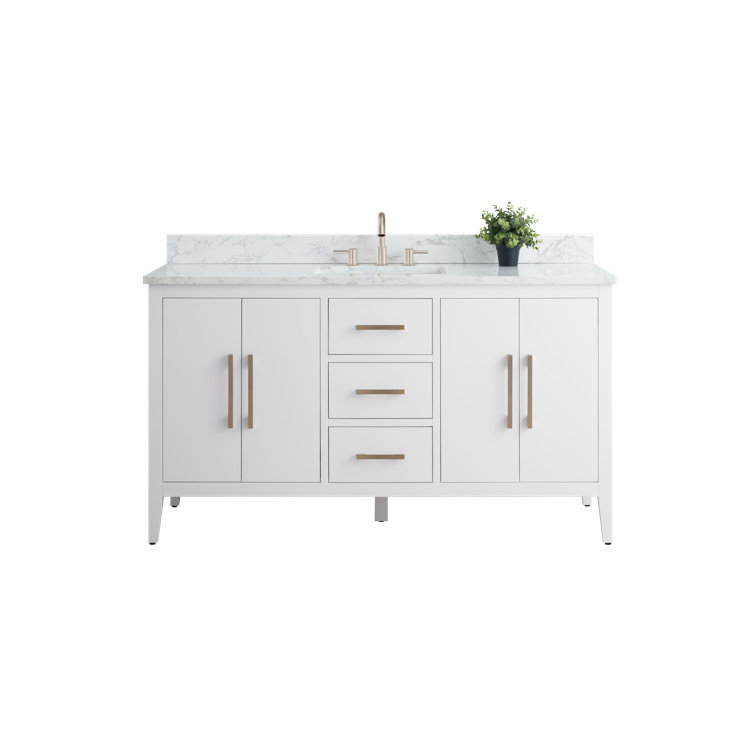 60'' White MDF Freestanding Bathroom Vanity with Engineered Marble Top
