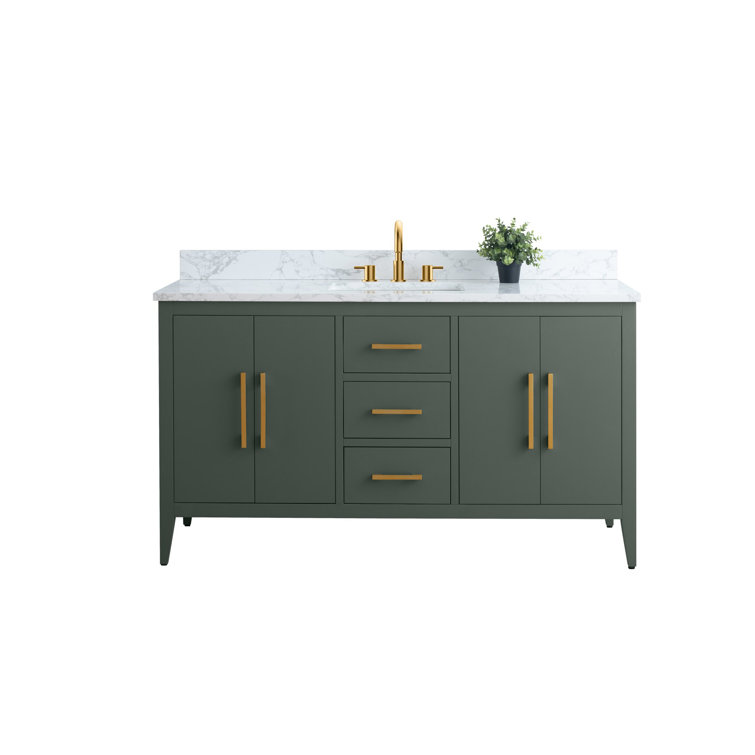 Vintage Green 60" Poplar Wood Single Sink Bathroom Vanity with Engineered Marble Countertop