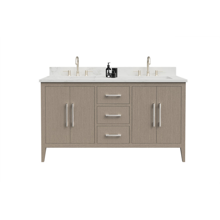60" Driftwood Gray MDF Double Sink Freestanding Vanity with White Marble Top