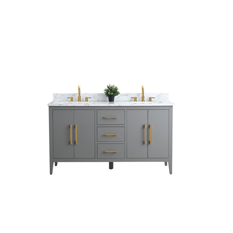 60" Cashmere Gray Double Sink Vanity with Gold Hardware and Marble Top
