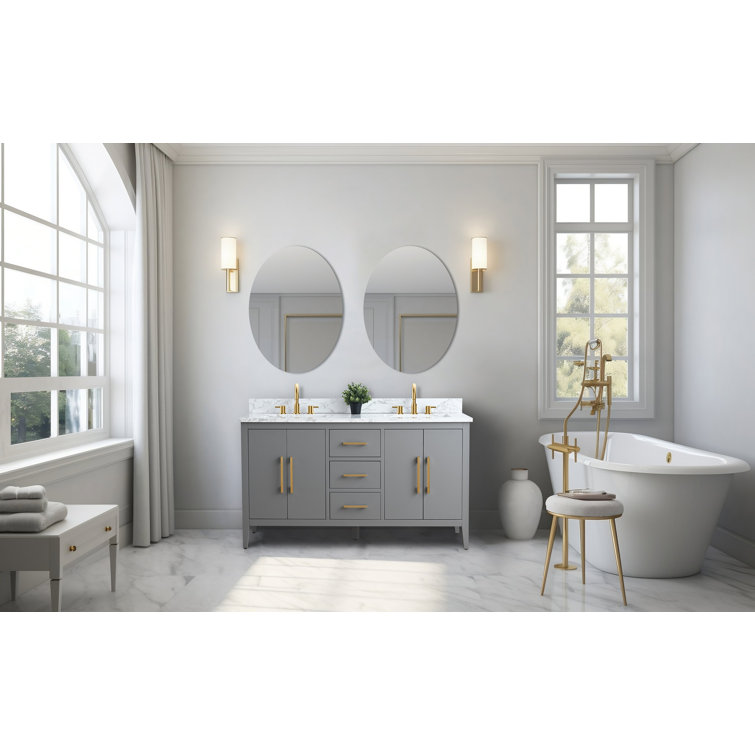 60" Cashmere Gray Double Sink Vanity with Gold Hardware and Marble Top