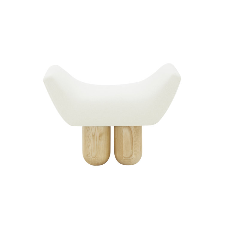 Ivory Boucle Upholstered Footstool with Sculpted Ashwood Legs