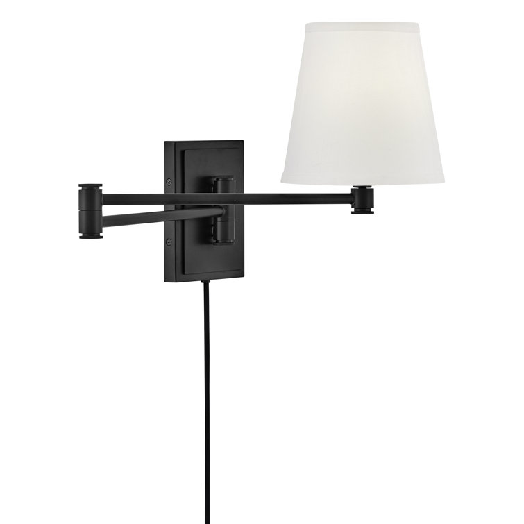 Black Steel Dimmable Plug-in Swing Arm Sconce with White Shade