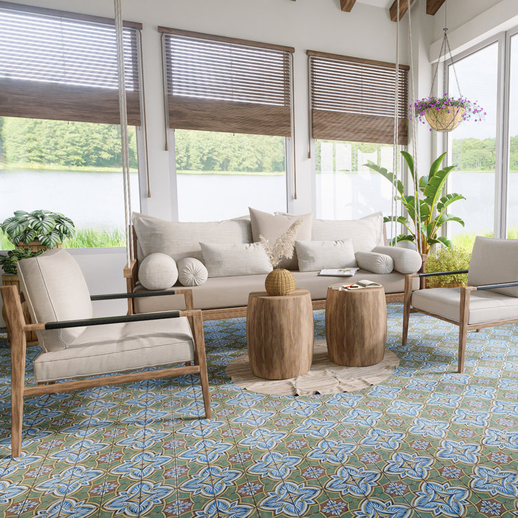 Harmonia 13" x 13" Green and Blue Ceramic Patterned Tile
