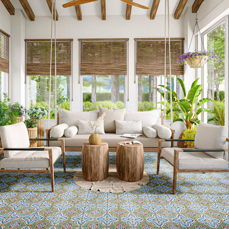 Harmonia 13" x 13" Green and Blue Ceramic Patterned Tile