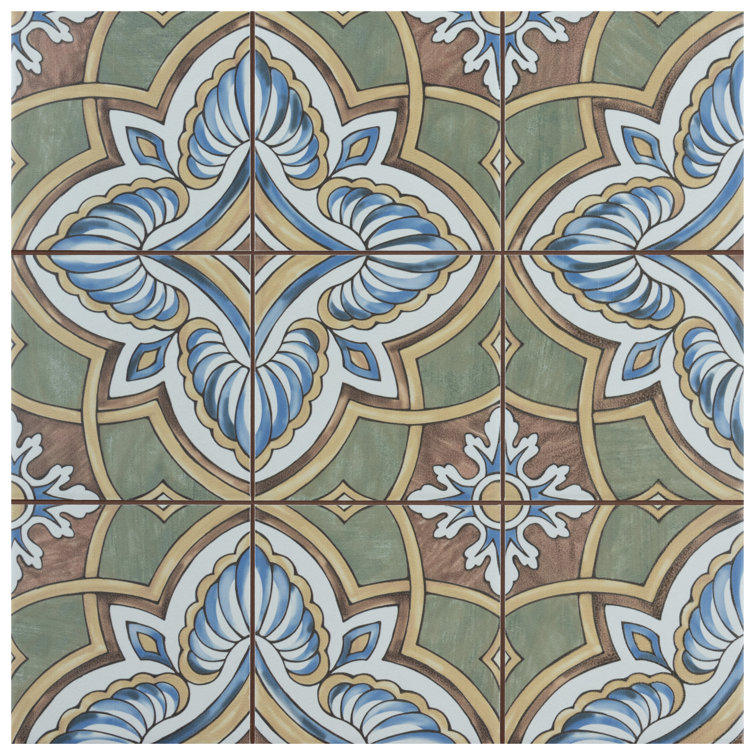 Harmonia 13" x 13" Green and Blue Ceramic Patterned Tile