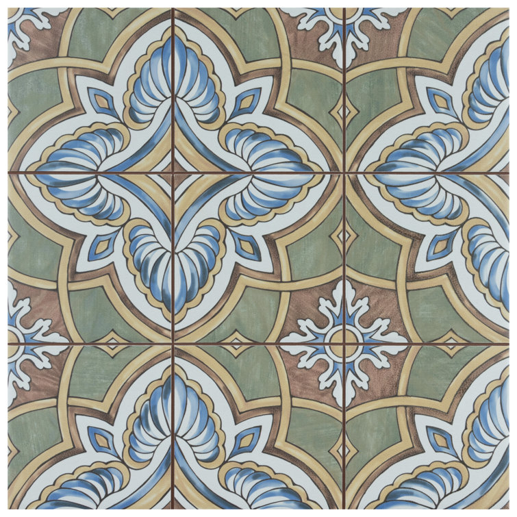 Harmonia 13" x 13" Green and Blue Ceramic Patterned Tile