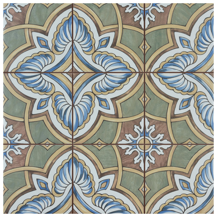 Harmonia 13" x 13" Green and Blue Ceramic Patterned Tile