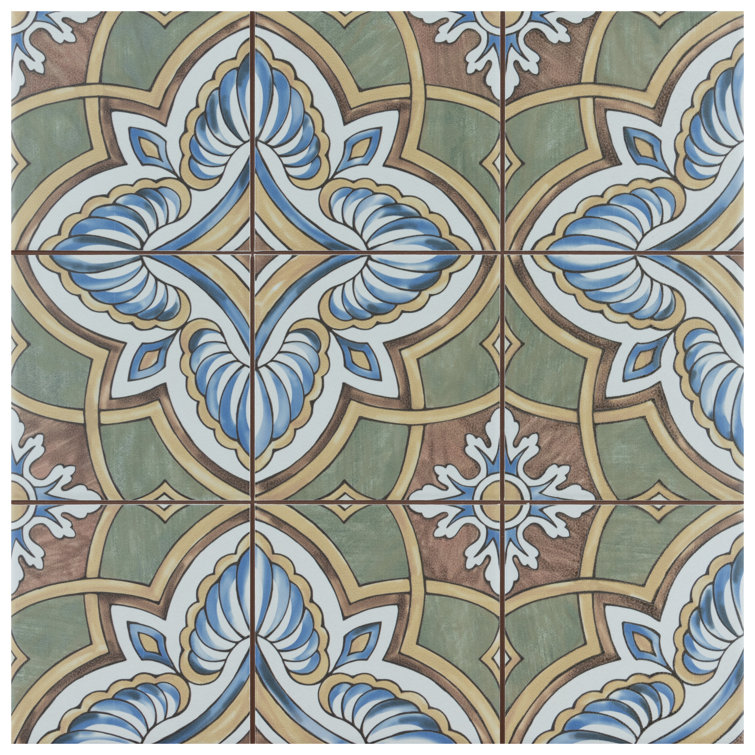 Harmonia 13" x 13" Green and Blue Ceramic Patterned Tile