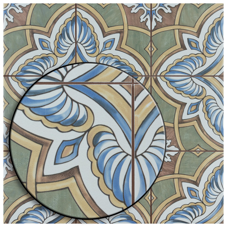 Harmonia 13" x 13" Green and Blue Ceramic Patterned Tile