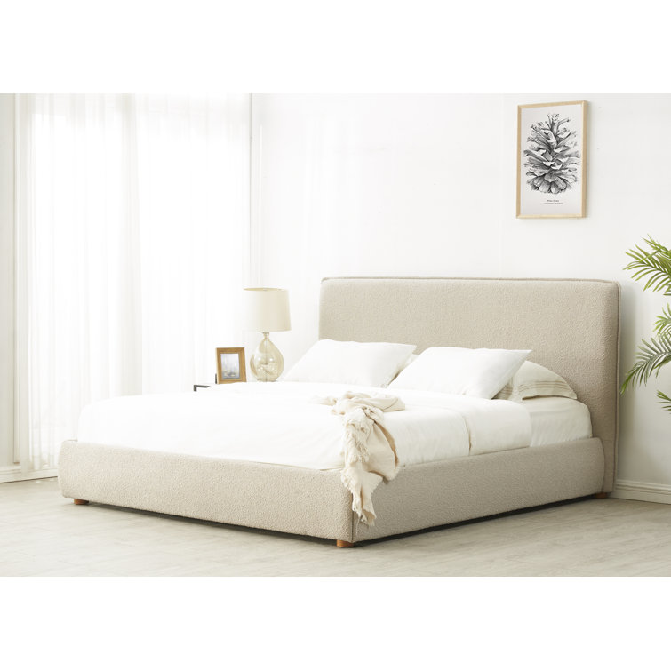 Oatmeal Boucle King Upholstered Bed with Wood Frame