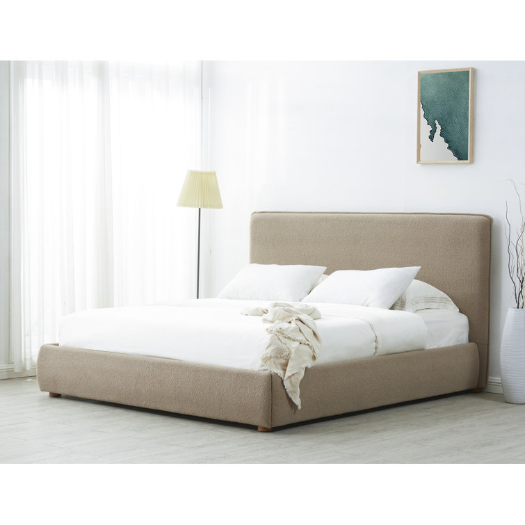 King Beige Linen Upholstered Bed with Birch Wood Frame