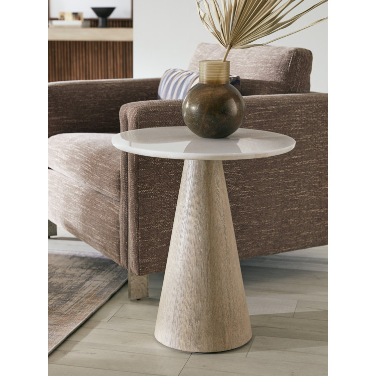 Modern Round White Marble and Oak End Table
