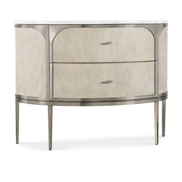 Modern Light Wood and Metal 2-Drawer Nightstand with Marble Top