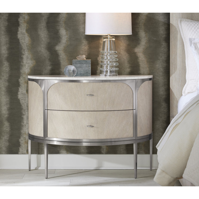 Modern Light Wood and Metal 2-Drawer Nightstand with Marble Top