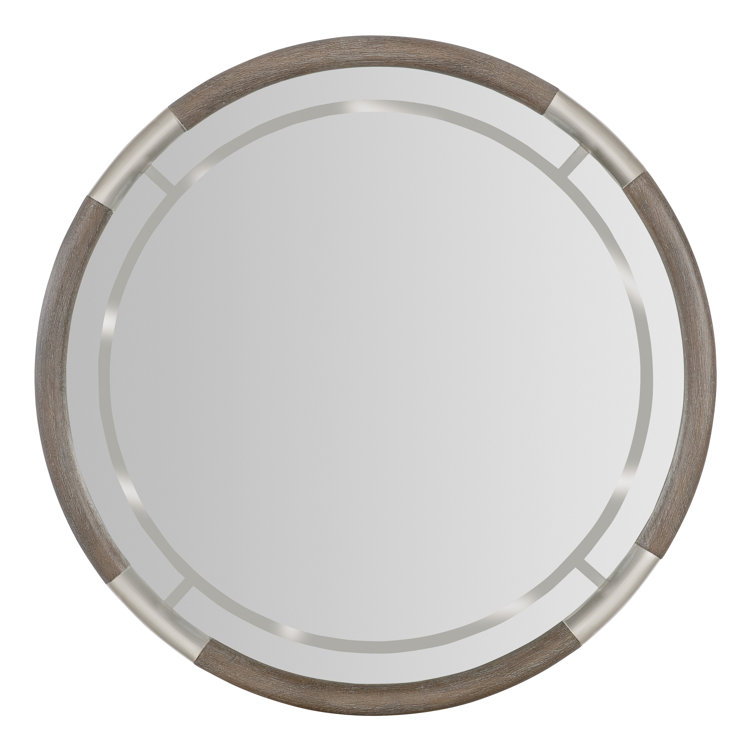 Modern Brown Wood and Leather Round Wall Mirror